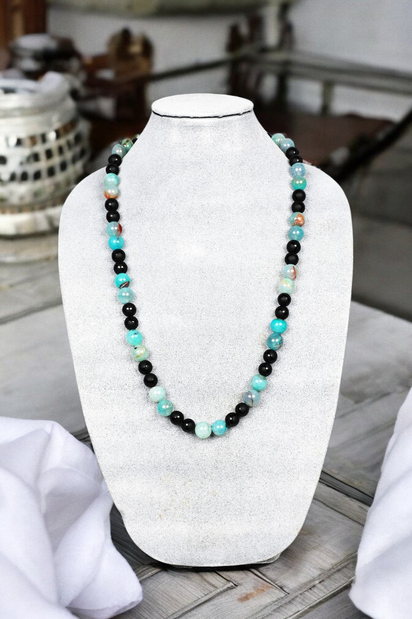 Elegant Harmony: Handmade Blue Agate & Onyx 30" Necklace