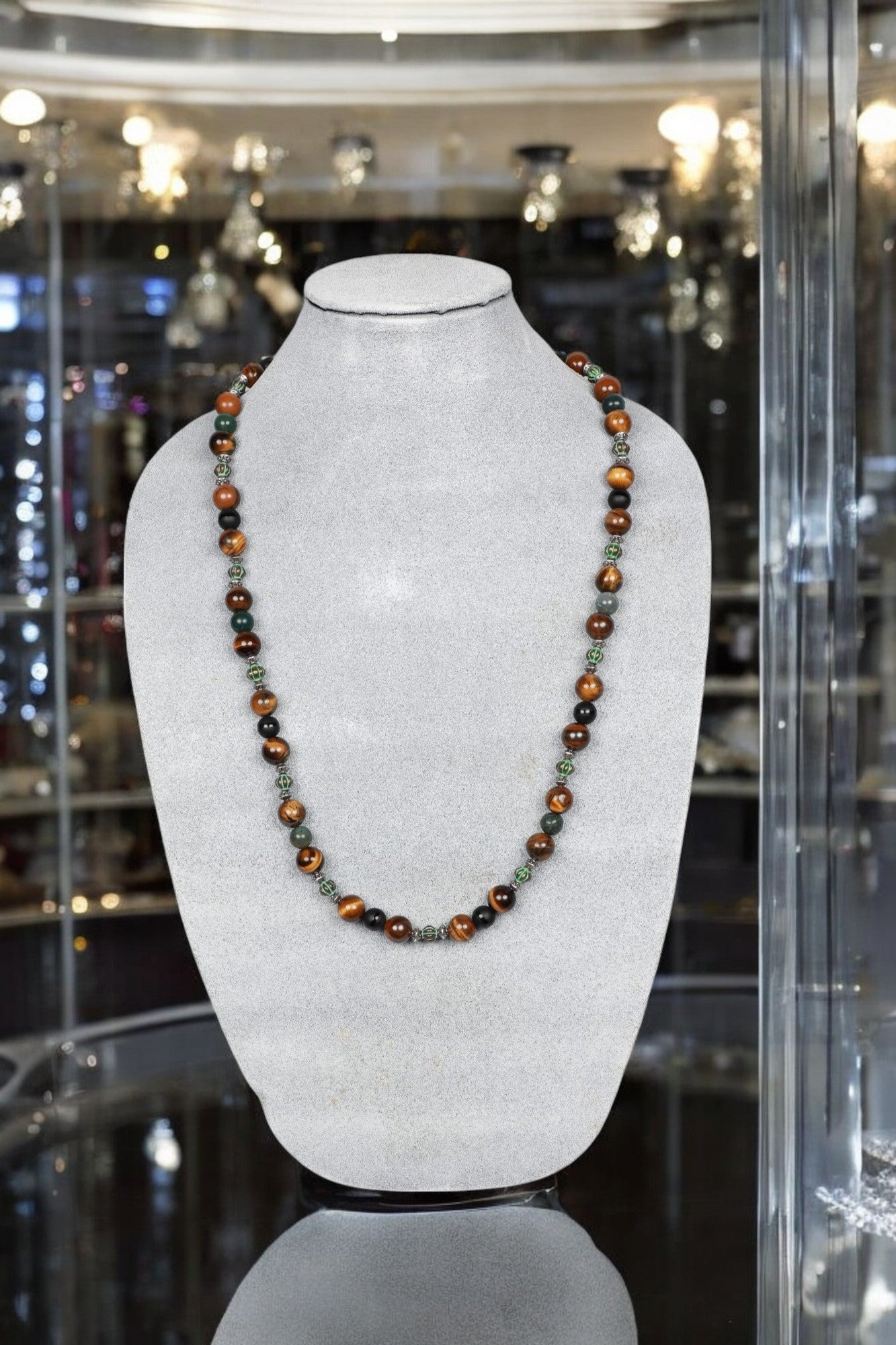 Earthy Elegance: Handmade Tiger’s Eye, Green Agate & Black Onyx Necklace