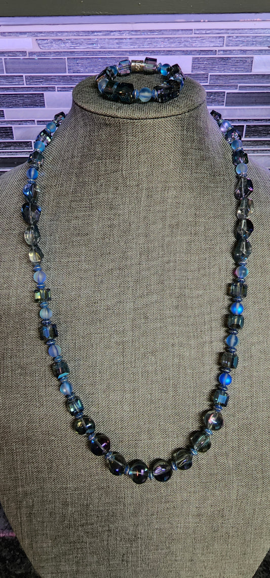 Natural Blue Faceted Glass Necklace & Bracelet Set