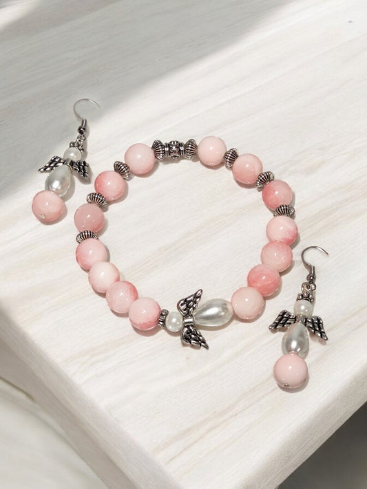 Pink Quartzite and Pearl Angel Bracelet with matching earrings