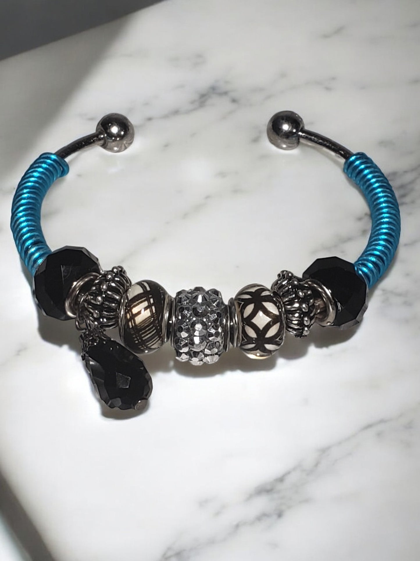 Electric Blue Wire Wrapped Silver Toned Pandora-Style Bangle Bracelet