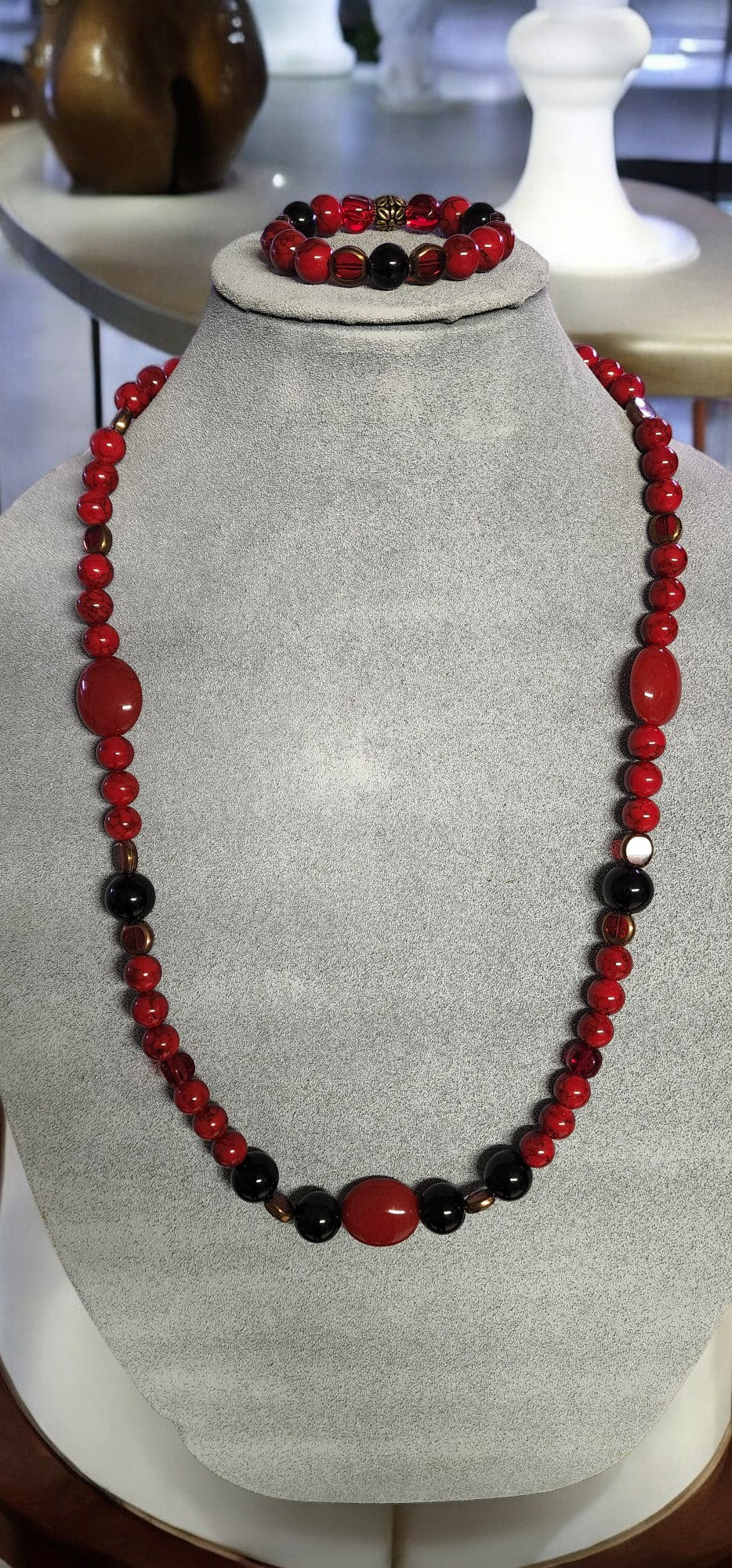 Red Quartz and Ruby Table Cut Glass Lentil Necklace and Bracelet