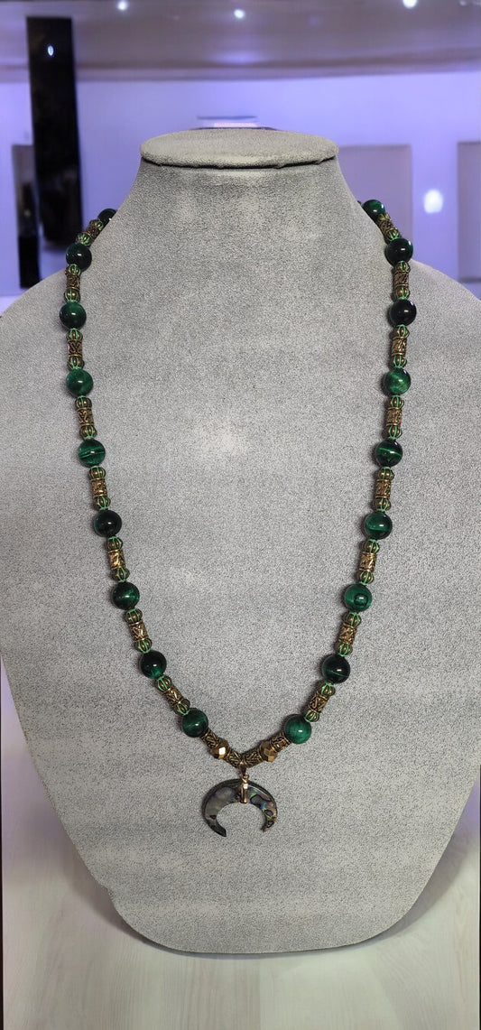 Abalone Half Moon Pendant with Beaded Necklace